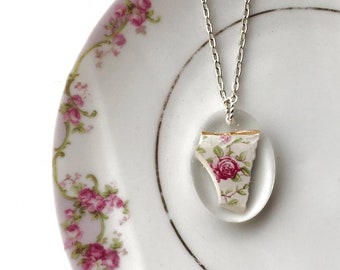 Antique Rose china shard in resin, broken china jewelry, broken china pendant necklace, new design! Dishfunctional Designs