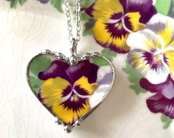 Broken china jewelry dark purple and yellow pansy necklace heart pendant, made from antique broken china, Dishfunctional Designs