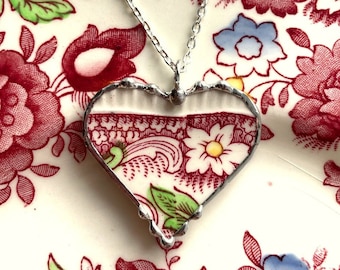 Antique Red English Transferware, Broken China Jewelry, heart pendant necklace, lovely antique china jewelry, Dishfunctional Designs