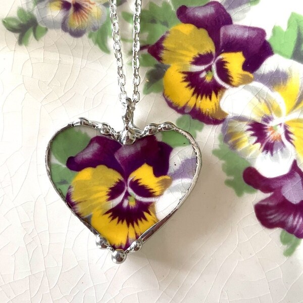 Broken china jewelry dark purple and yellow pansy necklace heart pendant, made from antique broken china, Dishfunctional Designs