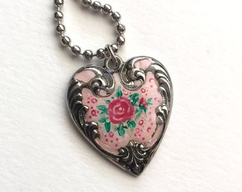 Painted enameled heart charm, pink rose silver painted heart, Victorian shabby chic, romantic heart pendant necklace, Dishfunctional Designs