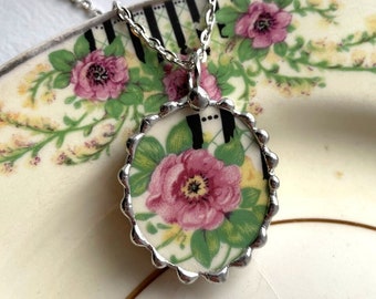 Broken China Jewelry Necklace pendant.  Wild Rose, Pink Roses, Upcycled China, Gift For Her, ecofriendly jewelry,  Dishfunctional Designs