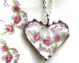 Broken china jewelry heart pendant, delicate pink roses, antique French porcelain 100 yr old, Dishfunctional Designs by Laura Beth Love