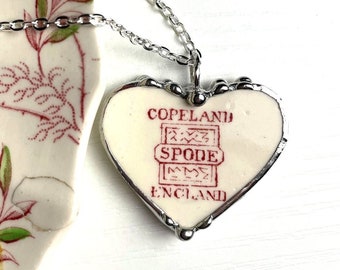 Broken china jewelry heart pendant, antique SPODE backstamp heart, Rosebud Chintz, REVERSIBLE, Dishfunctional Designs by Laura Beth Love