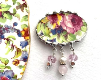 Summertime chintz broken china jewelry pin brooch, made from broken vintage china, ecofriendly recycled chintz china, Dishfunctional Designs