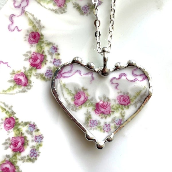 Broken china jewelry heart pendant, delicate pink roses, antique French porcelain 100 yr old, Dishfunctional Designs by Laura Beth Love