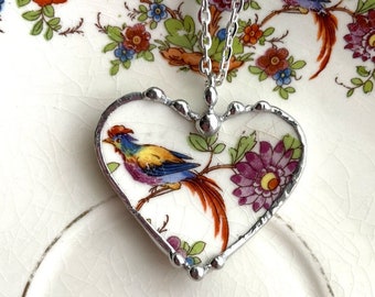 Broken china jewelry - heart pendant necklace - bird of paradise - purple flower - Dishfunctional Designs broken china jewelry