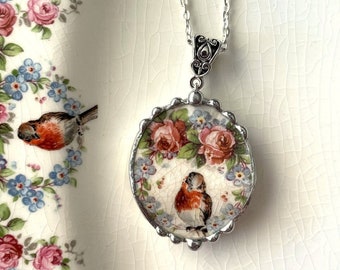 Broken China Jewelry Necklace pendant.  Robin, bird, Roses, Forget Me Nots, Upcycled China, Gift For Her, Dishfunctional Designs