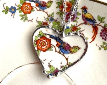 Broken china jewelry - heart pendant necklace - bird of paradise - orange flower - Dishfunctional Designs broken china jewelry