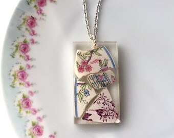 Antique broken china shards in resin, broken china jewelry, broken china mosaic pendant necklace, new design! Dishfunctional Designs