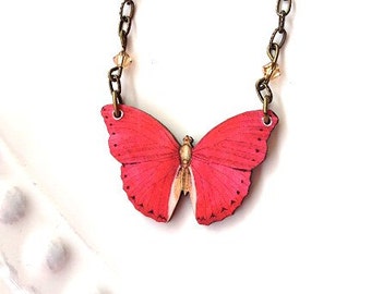 Butterfly necklace pinkish red with tan crystals beads chain nature Victorian style ephemera Dishfunctional Designs