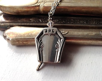 Antique butter knife bell pendant necklace iridescent crystal upcycled repurposed silverwear jewelry