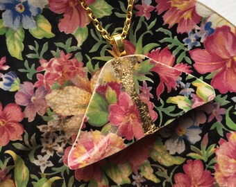 Kintsugi Jewelry, gold mended, broken china jewelry, china pendant necklace with chain, Winton Florence chintz, Dishfunctional Designs