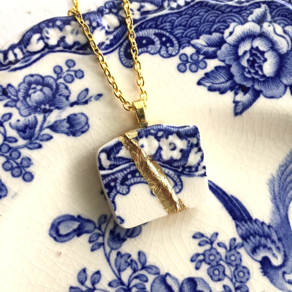 Kintsugi Jewelry, gold mended, broken china jewelry, china pendant necklace with chain, blue English transferware, Dishfunctional Designs