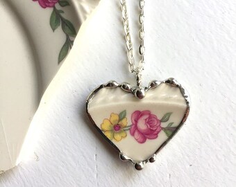 Broken china jewelry necklace, heart pendant,  yellow flower pink rose, made from antique broken china, Dishfunctional Designs