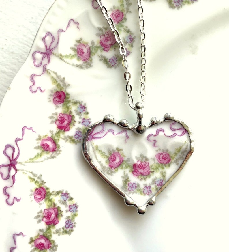 Broken china jewelry heart pendant, delicate pink roses, antique French porcelain 100 yr old, Dishfunctional Designs by Laura Beth Love image 4