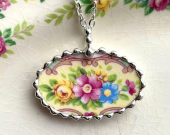 Vintage wild roses broken china jewelry Pendant Necklace, made from a broken antique plate, Dishfunctional Designs eco-friendly sustainable