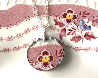 Antique Red English transferware, broken china jewelry necklace, made from broken plate, ecofriendly Dishfunctional Designs