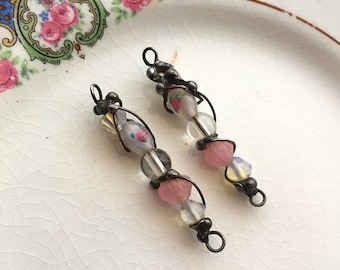 ARTISAN METALWORK Soldered Charms 2 hand-beaded connectors jewelry making components quartz crystal, opalite, rose glass beads, silver wires