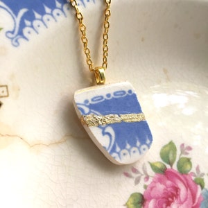 Kintsugi Jewelry, gold mended, broken china jewelry, china pendant necklace with chain, blue white antique china, Dishfunctional Designs