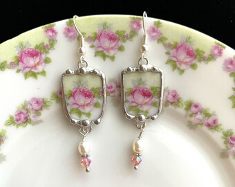 Broken China Jewelry Rose drop Earrings, antique porcelain, made from broken antique china, pearls, crystals, Dishfunctional Designs