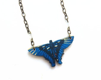 Butterfly necklace deep indigo blue wings, moonstone colored crystal beads in chain Victorian style ephemera Dishfunctional Designs