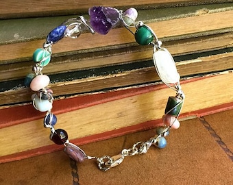Fairy Ring of Gems, beaded gemstone circlet bracelet, Amethyst crystal, Malachite, Moonstone, shiny silver finish, Dishfunctional Designs
