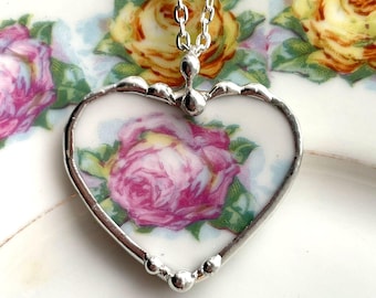 Antique Single Pink Rose China Pendant Necklace, Broken China Jewelry, Eco-friendly Handmade Dishfunctional Designs Shabby Chic Jewelry