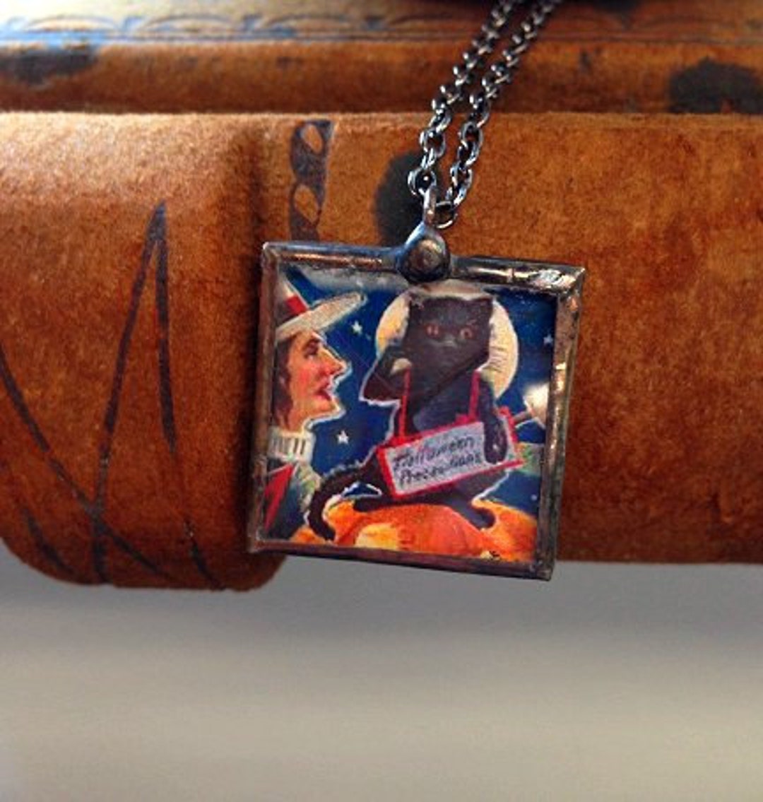 Vintage Halloween Postcard Pendant Necklace Saluting Black Cat and ...