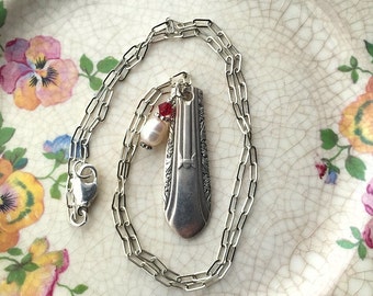 Antique spoon handle pendant necklace pearl and crystal beads upcycled repurposed silverwear jewelry Dishfunctional Designs