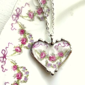 Broken china jewelry heart pendant, delicate pink roses, antique French porcelain 100 yr old, Dishfunctional Designs by Laura Beth Love image 8