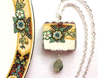 Broken china jewelry, pendant necklace, ART DECO 1920 floral, antique china, Prehnite bead, beaded drop, Dishfunctional Designs