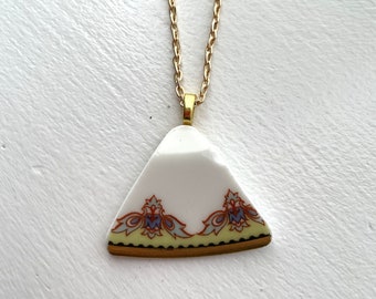 BROKEN CHINA JEWELRY - china shard pendant necklace with chain - antique china shard pendant  - Dishfunctional Designs