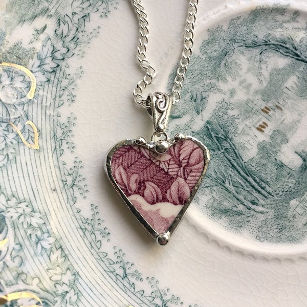 Purple plum mulberry toile English transferware broken china jewelry heart pendant necklace