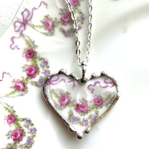 Broken china jewelry heart pendant, delicate pink roses, antique French porcelain 100 yr old, Dishfunctional Designs by Laura Beth Love image 5