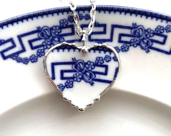 Antique Flow Blue Broken China Jewelry heart pendant necklace Greek Key Floral Garland sustainable Dishfunctional Designs