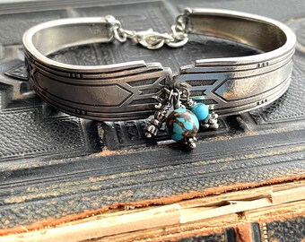 Vintage Art Deco Silver Spoon Bracelet with hand-beaded drops in silver and turquoise, Dishfunctional Designs