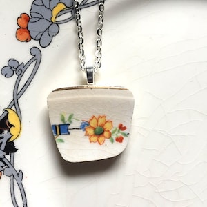 Broken china jewelry. china pendant necklace with chain - antique china shard pendant, antique yellow floral china, Dishfunctional Designs