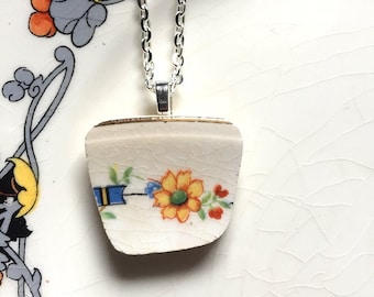 Broken china jewelry. china pendant necklace with chain - antique china shard pendant, antique yellow floral china, Dishfunctional Designs