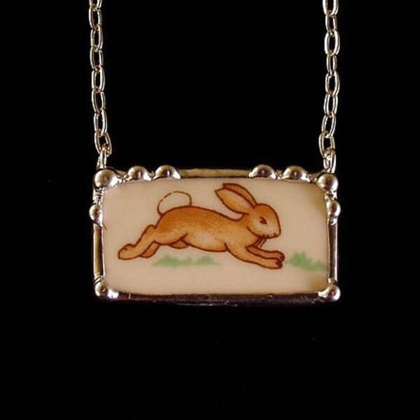 Bunnykins running bunny broken plate broken china jewelry rectangular necklace