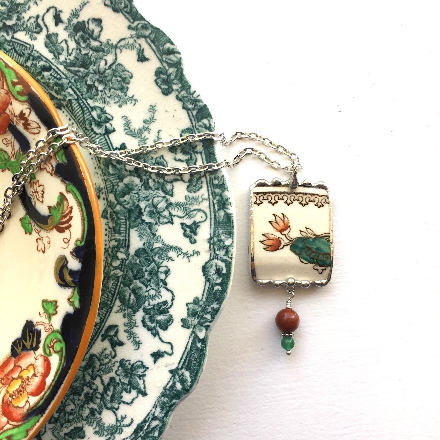 Broken china jewelry, broken china lotus leaf pendant necklace, antique Masons Ironstone Imari colors china, Dishfunctional Designs