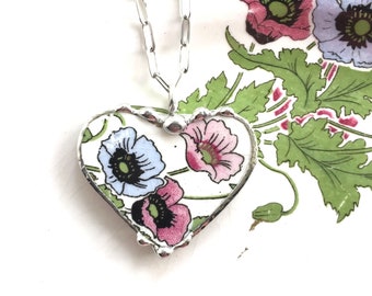 Fabulous antique poppies, poppy, Broken China Jewelry, heart pendant necklace, lovely antique china jewelry, Dishfunctional Designs