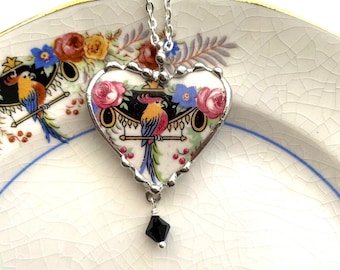 Art Deco parrot cockatoo bird, broken china jewelry heart pendant necklace, black Swarovski crystal, antique china, Dishfunctional Designs