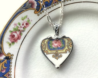 Victorian Pink Rose, broken china jewelry, china heart pendant necklace made from recycled china, Dishfunctional Designs, upcycled