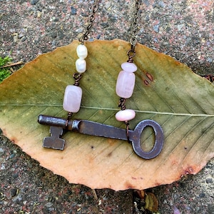 Antique key necklace, rose quartz, pink Peruvian opal, pearls, semi precious gemstone beads copper Dishfunctional Designs
