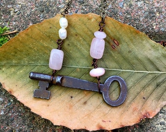 Antique key necklace, rose quartz, pink Peruvian opal, pearls, semi precious gemstone beads copper Dishfunctional Designs