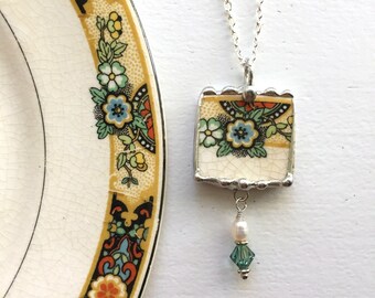 Broken china jewelry, pendant necklace, ART DECO 1920 floral, antique china, pearl & Swarovski crystal, beaded drop, Dishfunctional Designs