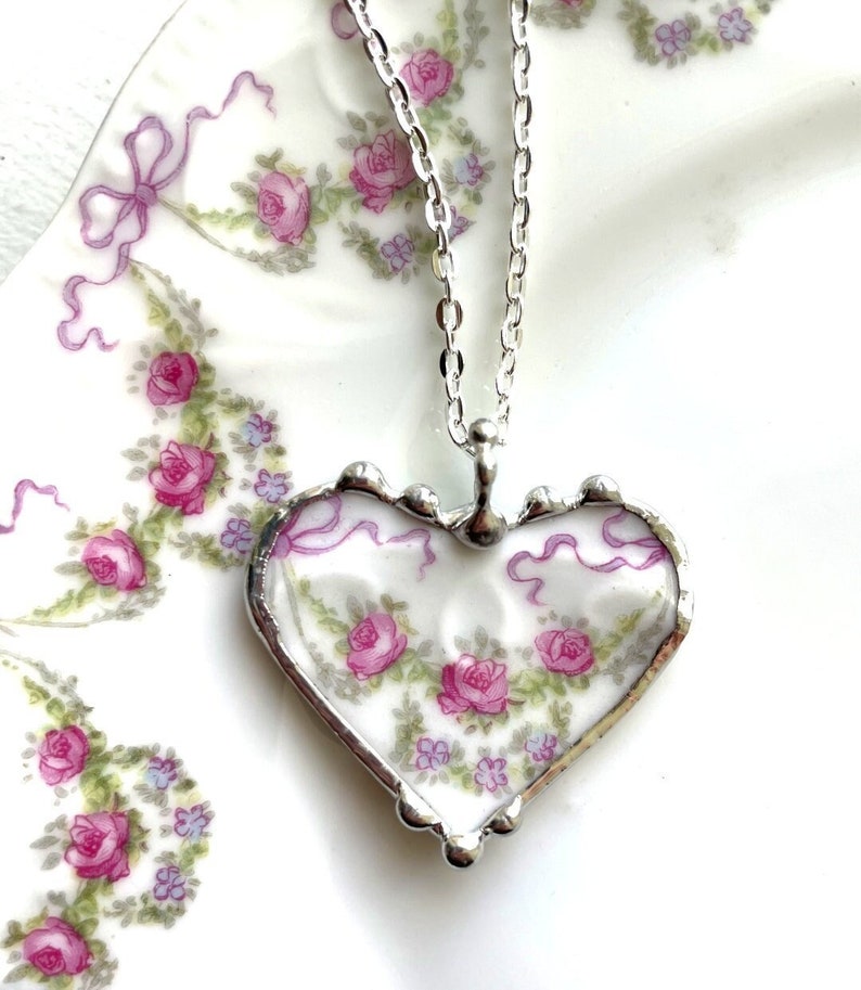 Broken china jewelry heart pendant, delicate pink roses, antique French porcelain 100 yr old, Dishfunctional Designs by Laura Beth Love image 1