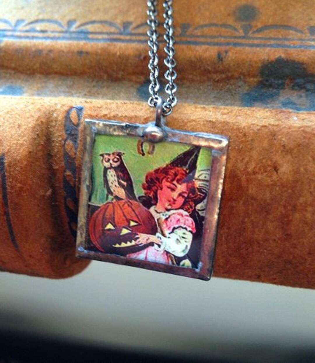 Vintage Halloween Postcard Pendant Necklace Little Girl Witch With Owl ...