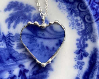 Broken China Jewelry 1880's recycled upcycled china heart pendant necklace antique flow blue, china anniversary gift, Dishfunctional Designs